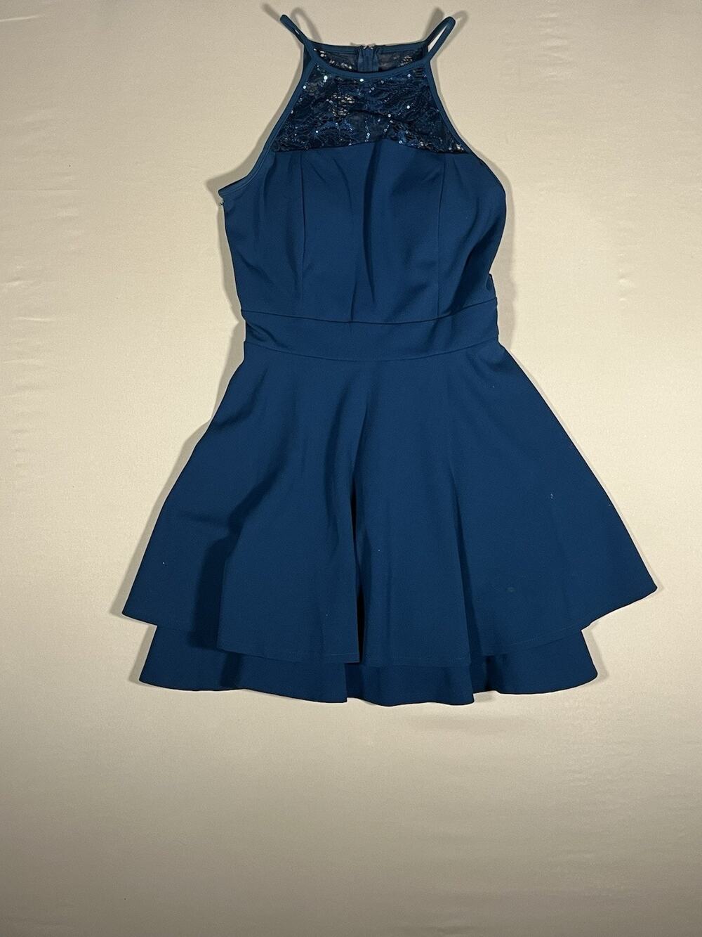 Emerald Sundae Blue Sequin Lace Halter Fit & Flare Short Dress, M Home Coming